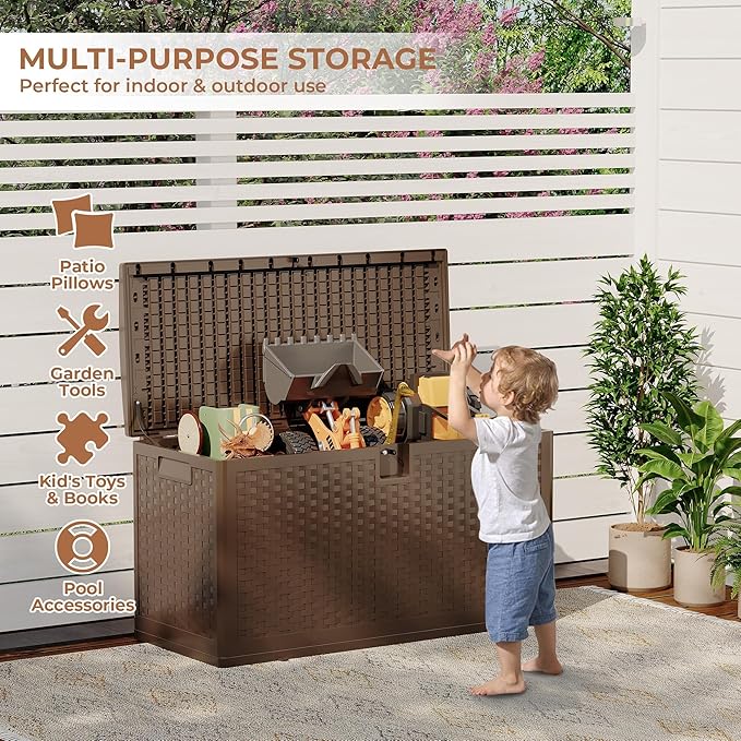73 Gal Resin Deck Box, Waterproof Lockable Outdoor Storage Box, Versatile Outside Container for Package Parcels, Patio Furniture Cushions, Garden Tools & Pool Accessories