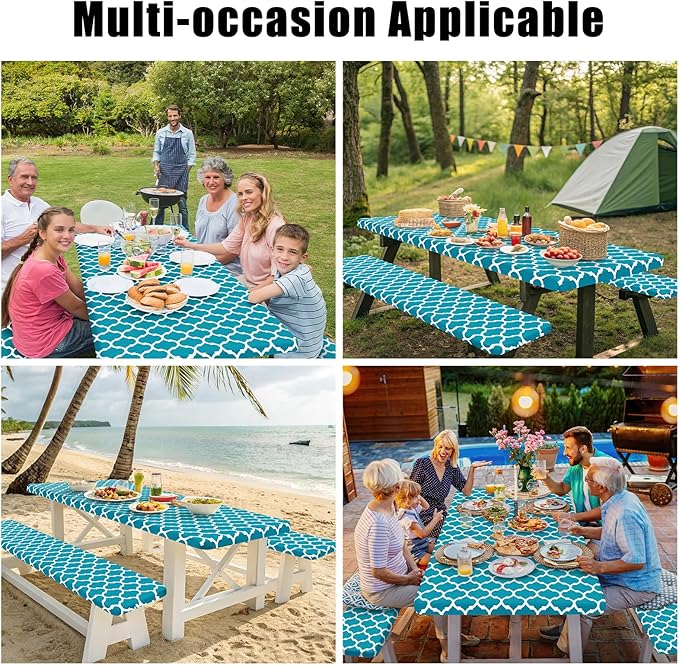 Smiry Picnic Table Cover with Bench Covers, Waterproof Elastic Fitted Tablecloth for 6 Foot Tables, Washable Polyester Tablecloths for Camping, Indoor & Outdoor (Aqua, 30x72 Inch 3-pc Set)