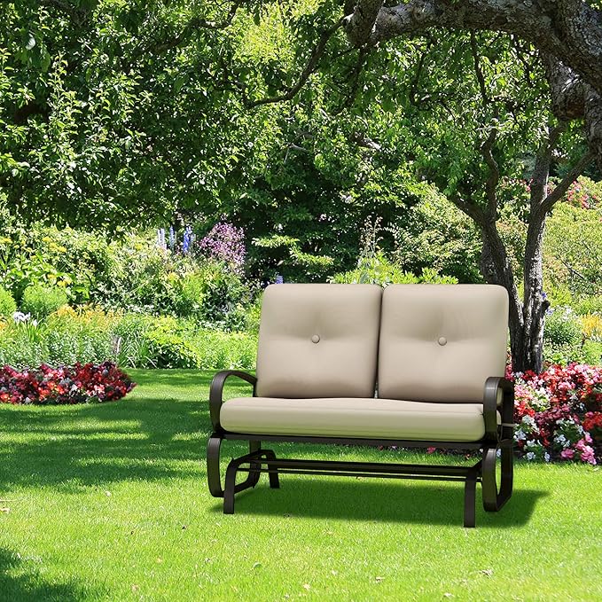 Giantex Outdoor Glider Bench, Patio 2 Person Loveseat with Removable Cushion, Thick Padded Seat, Stable Steel Frame, Outside Glider Swing Chair for Deck, Poolside, Yard, Balcony, Porch, Beige