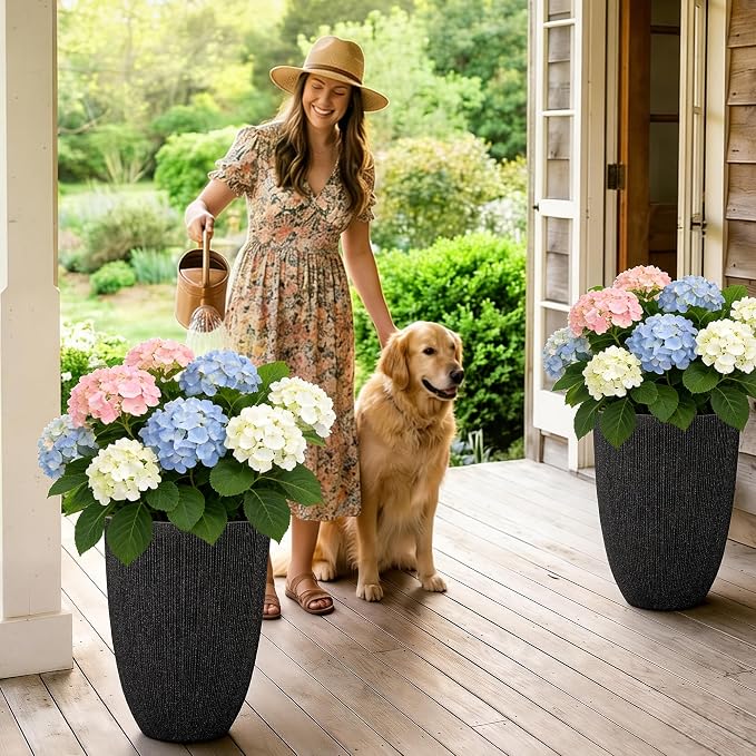 19" Concrete-Style Tall Round Planters for Indoor Outdoor Plants, Set of 2 Decorative Fluted Large Flower Pot, UV-Resistant Top-Tier Resin Planters for Garden Patio Porch Home Office Decor