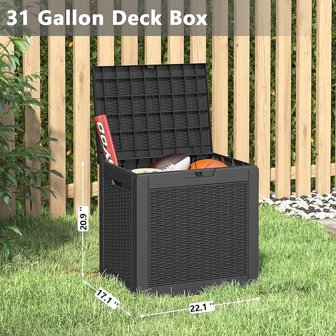 LHBGO 31 Gallon Deck Box, Resin Outdoor Storage Box, Waterproof and UV Resistant Deck Box, Lightweight Storage Box for Garden Tools, Pool Supplies