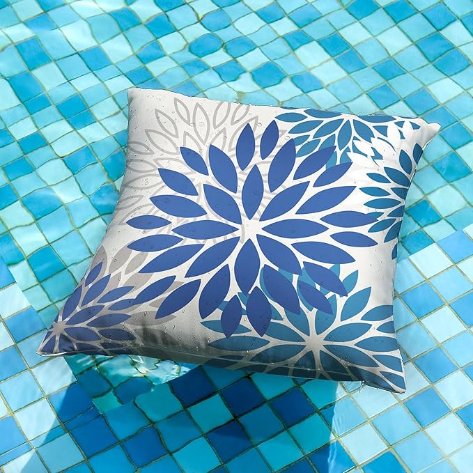 DFXSZ Blue Flower Pillow Covers 16x16 Inch Set of 2 Dark and Light Blue Colored Pillow Farmhouse Outdoor Waterproof Decor for Patio Funiture Garden Summer Floral Square Polyester Pillow Covers 002E16