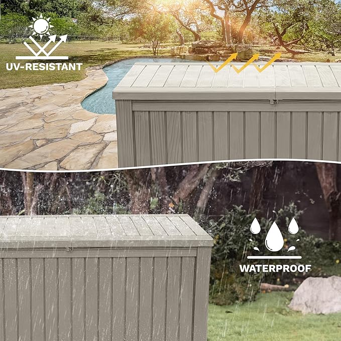DWVO 220 Gallon Extra-Large Patio Deck Box, Waterproof Resin Outdoor Storage Box with Removable Divider for Patio, Garden, Pool, Furniture and Tools, Light Brown