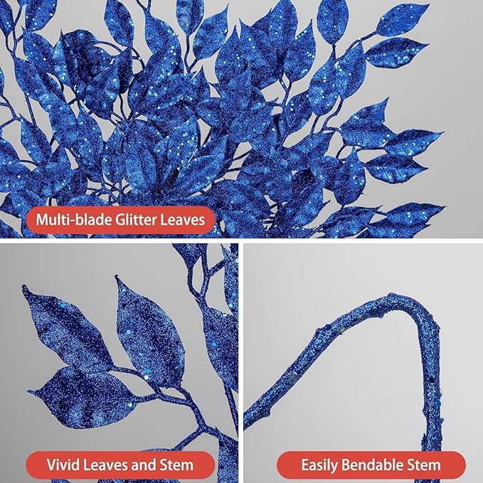 25.6" Christmas Blue Glitter Leaves Stems, 5Pcs Artificial Leaf Spray Leaf Picks Tall for Christmas Tree DIY Xmas Wreath Garland Arrangment Vase Bouquets Table Centerpieces Decoration Home Decor
