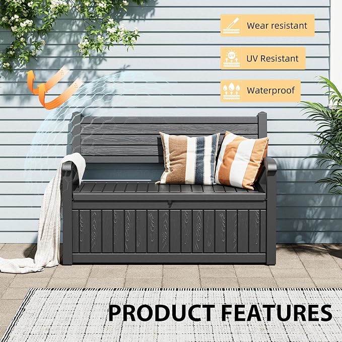 80 Gallon Lockable Deck Bench with Storage, Waterproof Outdoor Porch Bench, Resin Stripes Outdoor Storage Box for Cushions and Garden Tools