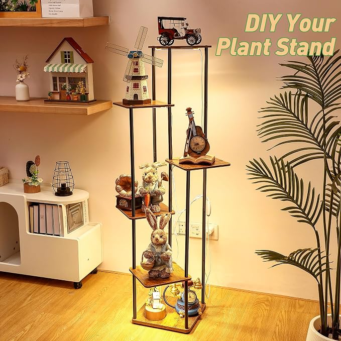 Dreyoo Plant Stand with Grow Light Indoor, 6 Tier 6 Potted Sturdy Metal Plant Shelf, Multiple Plant Holder Tall Plant Ladder for Display Plant Flower Corner Living Room Office (Black, Brown)