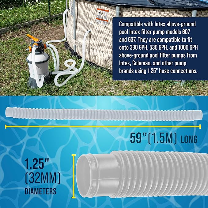 U.S. Pool Supply Above Ground Pool Hose Replacement 1.25" Diameter x 59" Long, Pack of 3 - White Premium Pool Filter Pump Hoses Compatible with Intex 607, 637 Pumps, 330, 530, 1000 GPH, 6 Metal Clamps