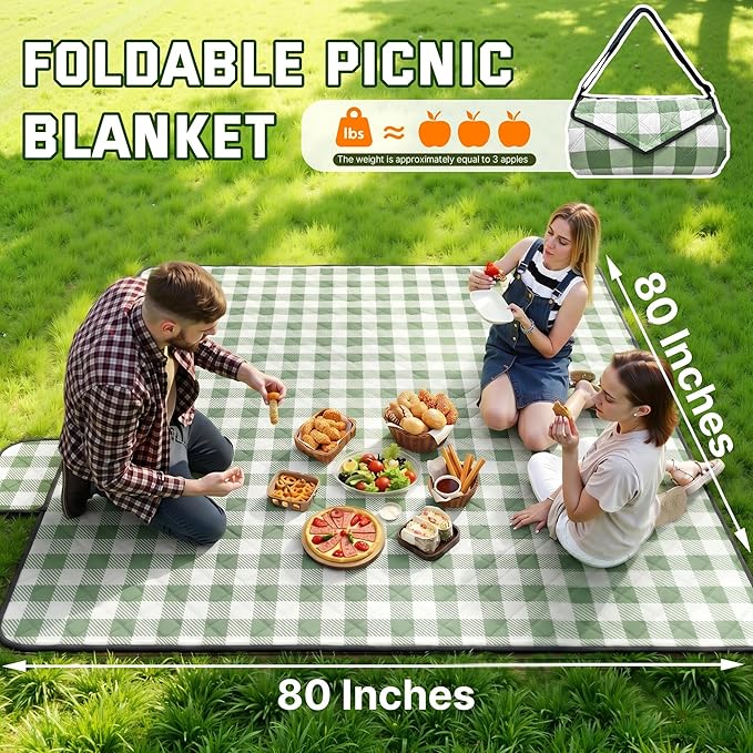 TigeJoy Extra Large Picnic Blanket Waterproof Foldable 80''x80'', Outdoor Picnic Mat Beach Blanket Sandproof for Park, Grass, Travel, Hiking, Camping Essentials, Gingham Picnic Blanket