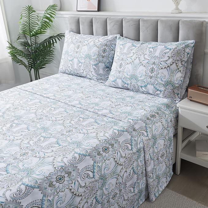 FADFAY Blue Paisley Sheets Set Queen Classic Boho Paisley Bedding Luxurious Bohemian Damask Paisley Bed Sheet Breathable 100% Egyptian Cotton 800 Thread Count Deep Pocket Fitted Sheet 4Pc, Queen Size