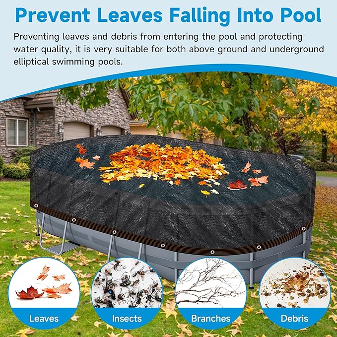 Pool Leaf Net Cover 12x24 Oval Above Ground, Black Mesh Swimming Pool Net Cover with Winch & Cable, Heavy-Duty Tear Resistant UV-Protected Weatherproof (Black, Oval-12FTX24FT)