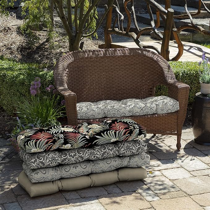 Arden Outdoor Wicker Settee Cushion, 41.5 x 18, Rain-Proof, Fade Resistant Neutral Aurora Damask