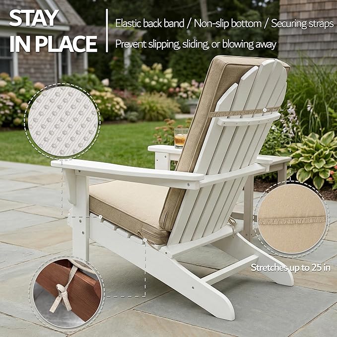 Adirondack Chair Cushion - Removable Cover, Water-Repellent & Fade-Resistant Faux Linen, Securing Straps, Non-Slip Bottom, Fit for Most Outdoor Adirondack & Rocking Chairs - Nature