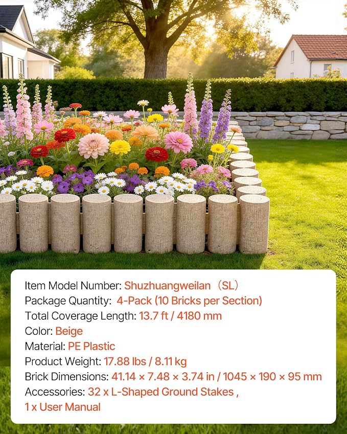VEVOR No Dig Garden Edging Border, Faux Wood Landscape Edging, Flexible Plastic Lawn Edging for Tree, Flower Bed, Pathway, Yard, 4 Pack 10 Blocks 41.14"L x 3.74" W x 7.48"H, 32 Spikes Included, Beige