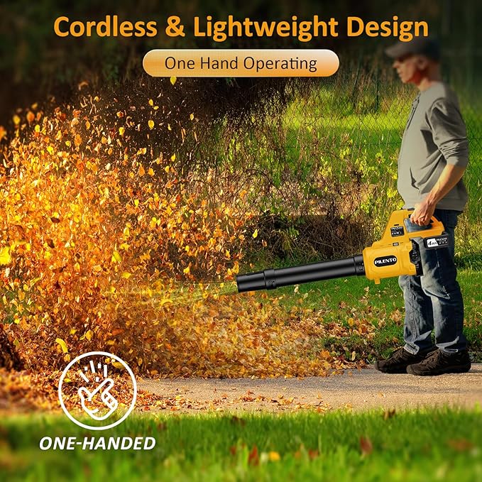 Leaf Blower Cordless with 2 4.0Ah Battery Operated and Fast Charger, 650CFM 280MPH Electric Leaf Blower, 3 Speed Mode, 20V Powered Handheld Blowers for Lawn Care, Blowing Leaves, Small Gravel, Yellow