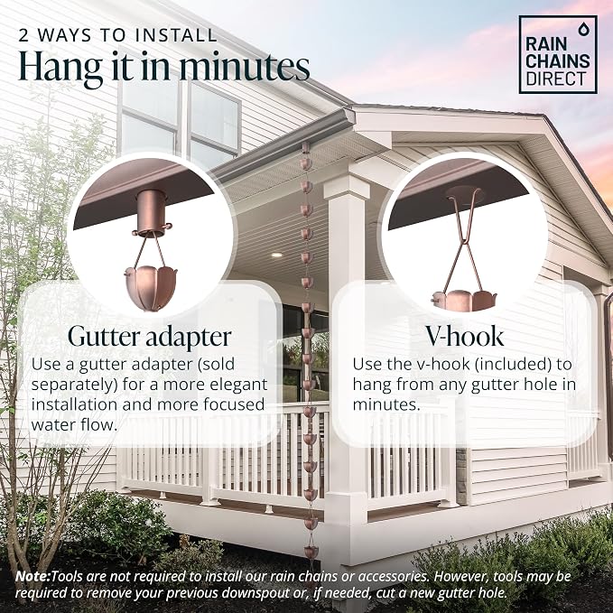 Rain Chains Direct Rain Chain - Rain Chains for Gutters - Orchid, 8.5 Feet, 100% Pure Copper, Rain Chains for Downspouts