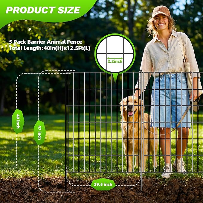 Toolterritary 5 Panels No Dig Decorative Garden Fence with Gate, 40in(H) x 12.5ft(L), Dog Fence Outdoor for Yard - Rustproof Metal Animal Barrier Fencing for Patio, Flower Bed, Ideal for Dogs, Rabbits