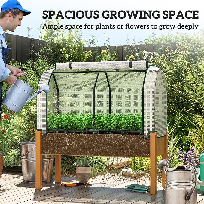 Outsunny Raised Garden Bed with PE Greenhouse Cover Outdoor Elevated Wood Planter Box for Herbs and Vegetables, Use for Patio, Backyard, Balcony, 48 x 22 x 46 inch, Sand