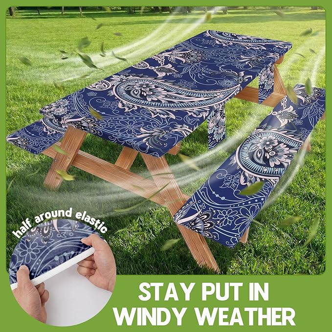 Picnic Table Cover with Bench Covers Waterproof Elastic Rectangle Reusable Folding Tablecloth Manteles Mantelería Camping Essentials Rv Car Travel Supplies Table Cloth Outdoor Road Trip Camper Gifts