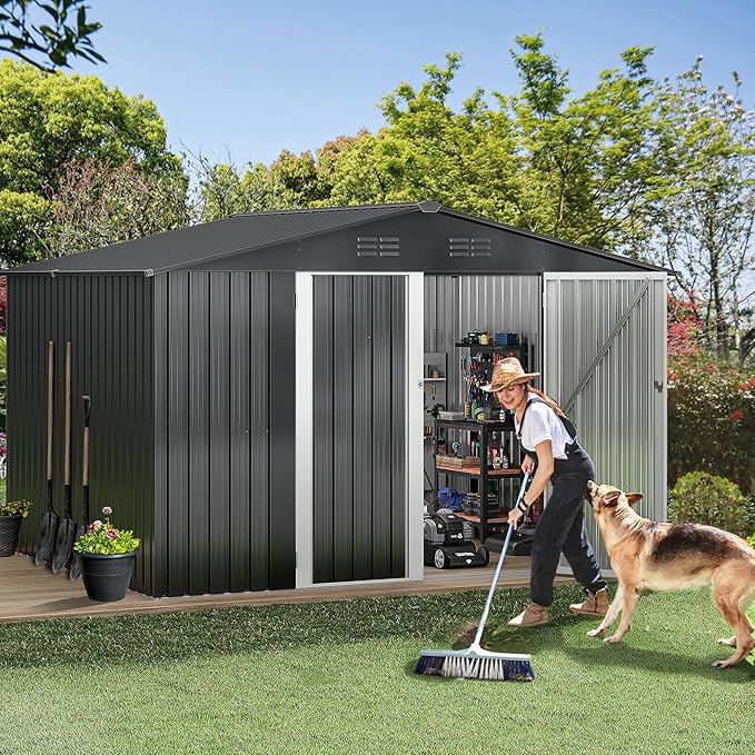 DWVO 10x8ft Outdoor Storage Shed, Large Metal Tool Sheds, Heavy Duty Storage House with Lockable Doors & Air Vent for Backyard Patio Lawn to Store Bikes, Tools, Lawnmowers, Dark Gray