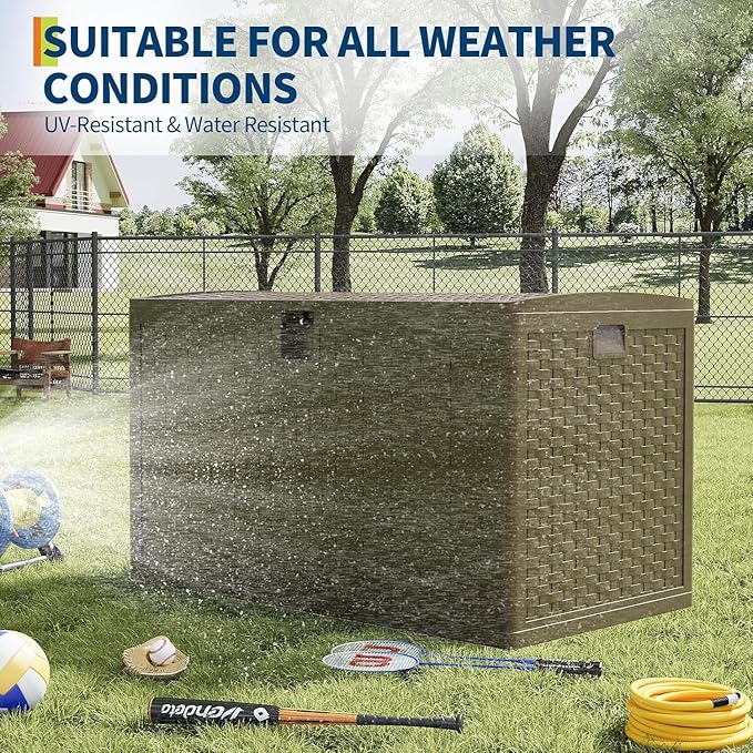GlowSol Deck Box, 120 Gallon Outdoor Storage Box Bench, 600 lbs Weight Capacity, Water/UV Resistant, Hydraulic Lid & Seat for 2 Adults, for Patio Garden Tools, Pool Sports Equipment (Brown)