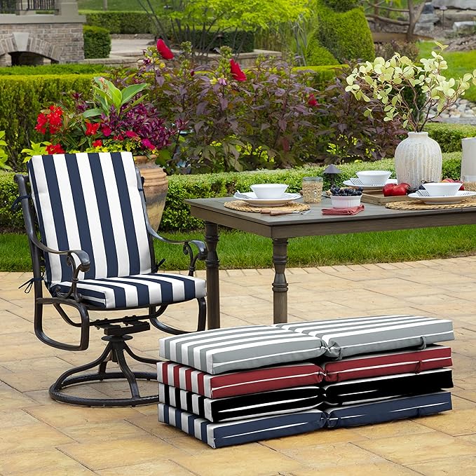 Arden 2-Pack Outdoor Patio Dining Chair Cushion, 20x44, Rain-Proof Seat Pad, Fade-Resistant Outdoor Cushion Sapphire Blue Cabana Stripe
