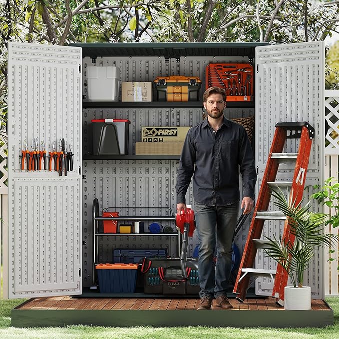 EHHLY 60 Cuft Outdoor Storage Shed Shelf, Outdoor Storage Cabinet Metal Shelves for 4.5x2.3 Ft Shed, Vertical Resin Storage Shed Accessories, Black