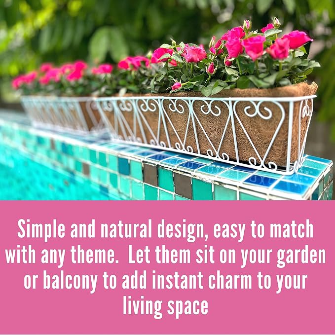 LaLaGreen Wall Hanging Planter - 2 Pack, 24 Inch Deck Railing Planter, Window Flower Boxes Basket Outdoor White Deck Railing Hanging Pot Coco Liner Metal Plant Holder Fence Planter Balcony Patio Porch