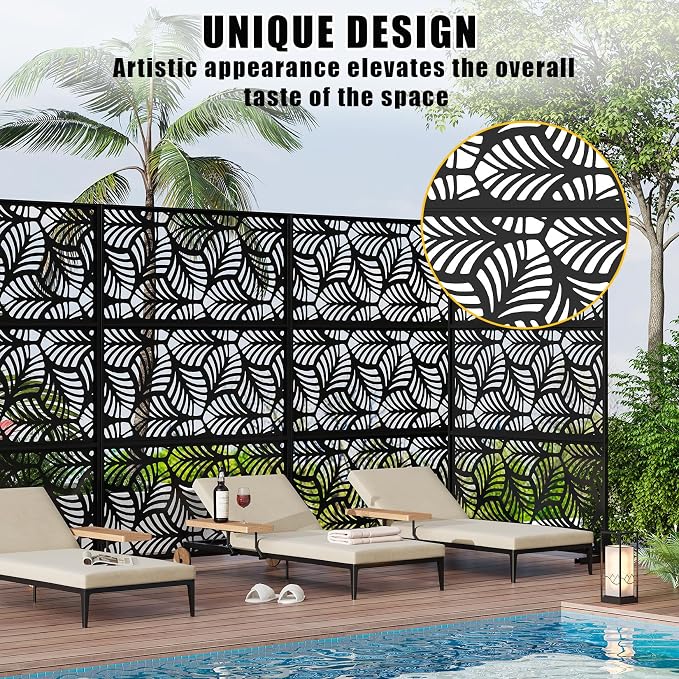 72" h × 47" w Outdoor Privacy Screen, Laser Cut Metal Garden Divider Panel with Tropical Leaf Design, Freestanding Weatherproof Privacy Fence for Patio Deck Backyard Balcony