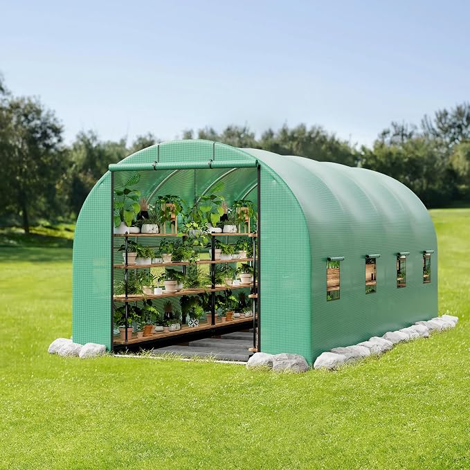 15×7×7Ft Walk-in Tunnel Greenhouse, Galvanized Steel Frame, PE Cover, Zipper Door, 8 Vents, Outdoor Year-Round Plant Shelter