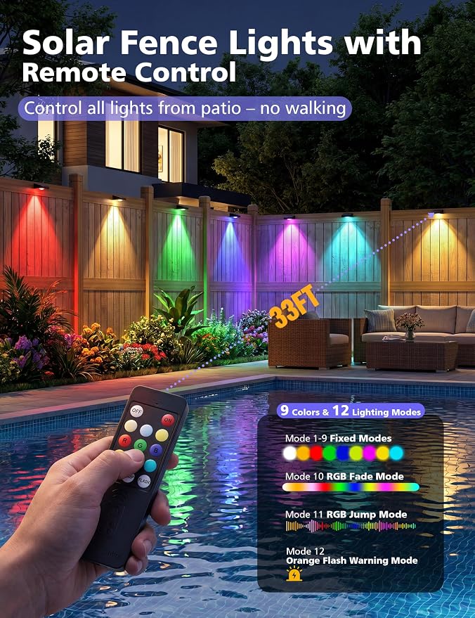 VOLISUN Solar Fence Lights with Remote Control, Fence Lights Solar Powered, IP65 Waterproof LED, RGB Color Changing Solar Light for Fence, Yard, Wall, Backyard (12 Pack,Black)