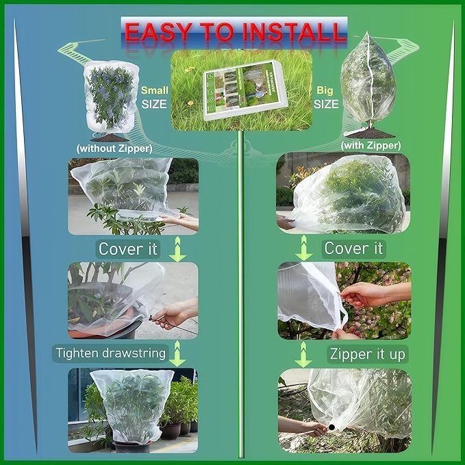 Fruit Tree Netting with Drawstring - 6 Pack 5x5.3 FT - Easy Install Plant Protection Cover, Reusable Garden Mesh Bag for Blueberry Bushes/Tomato - Block Birds/Insect/Squirrels