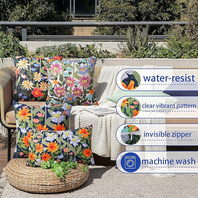 Pyonic Spring Summer Floral Outdoor Pillow Covers 16x16 inch Waterproof Throw Pillow Covers Outdoor Pillows for Patio Furniture Garden Bench Porch,Navy Blue