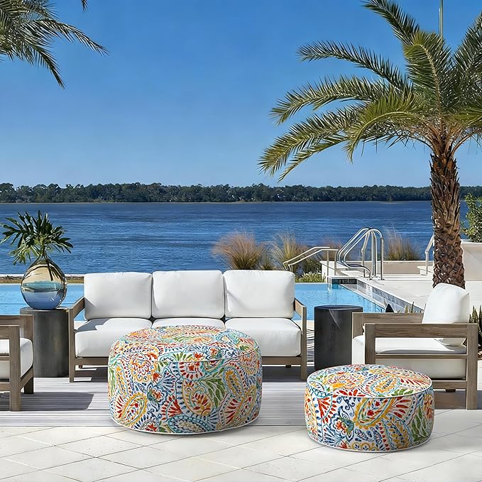 LVTXIII Indoor/Outdoor Large Inflatable Ottoman Pouf D31 x H14 Inch, Round Footstool with Handle, Weather-Resistant Portable Furniture for Patio, Camping, Beach, Paisley Multi