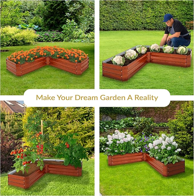 Sunnydaze Galvanized Raised Garden Bed Kit - 5x5x1 ft Outdoor Raised Garden Bed - Metal Planter Box for Vegetables, Flowers, Herbs - Woodgrain - L-Shaped
