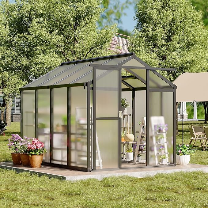 GarveeHome 6X8 FT Greenhouse, Walk-in Greenhouse Kit with Aluminum Frame, Polycarbonate Panels, Adjustable Roof Vent, Sliding Door, Secure Lock for Outside Garden, Patio, Backyard