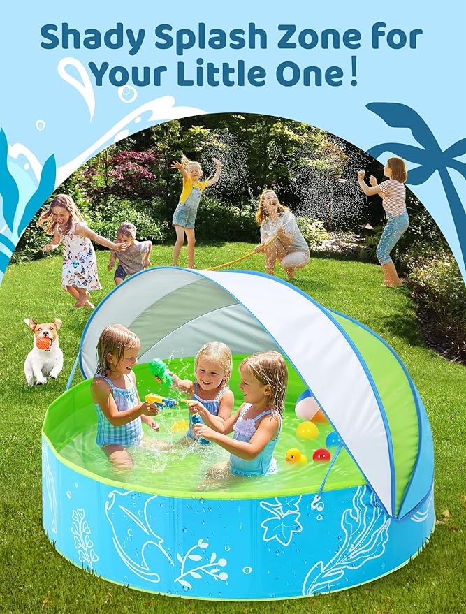 Hikiddy Foldable Kiddie Pool with Canopy: 31.5in/ 47in /63in for Baby Toddler Kids Family - Summer Water Play Pool with Shade - Portable for Outdoor Backyard Beach (Blue-Green, 47in)