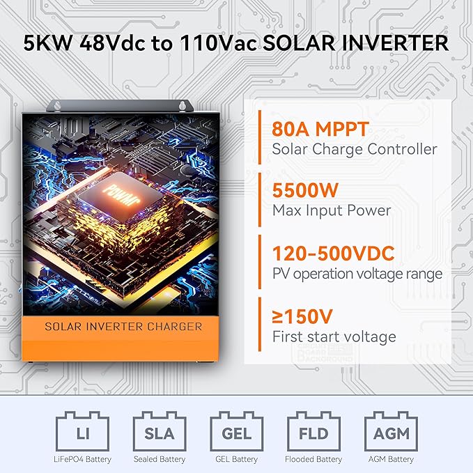 PowMr 5000W Solar Inverter 48V DC to 110V AC, Pure Sine Wave Output with 80A MPPT Charge Controller, Max.PV Input 5500W, 500VDC, fit for 48V Lead-Acid and Lithium Batteries, RV,Off-Grid System