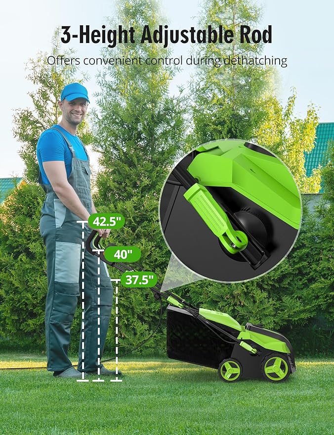 Electric Dethatcher Scarifier, 16-Inch 15 Amp Lawn Dethatcher with 5-Position Depth Adjustment, 14.5 Gal Removable Thatch Collection Bag, Quick-Fold, Keeps Lawn Health