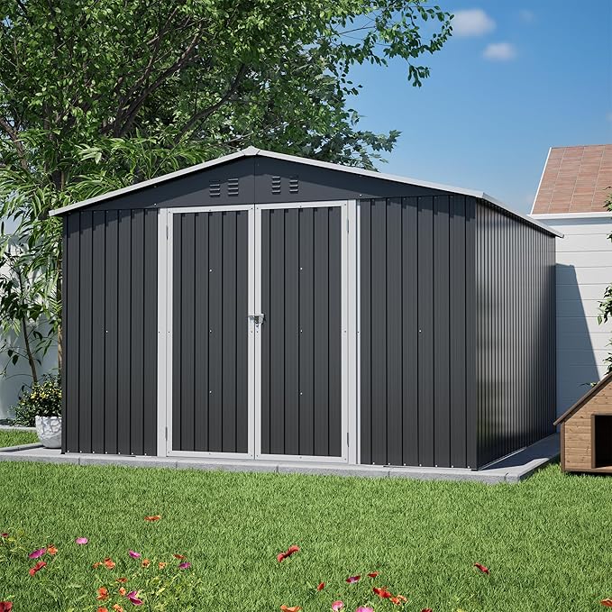 YOPTO 10x10 FT Outdoor Storage Shed,Large Metal Tool Sheds with Updated Frame Structure and Lockable Doors, Garden Shed for Backyard Patio Lawn, Black