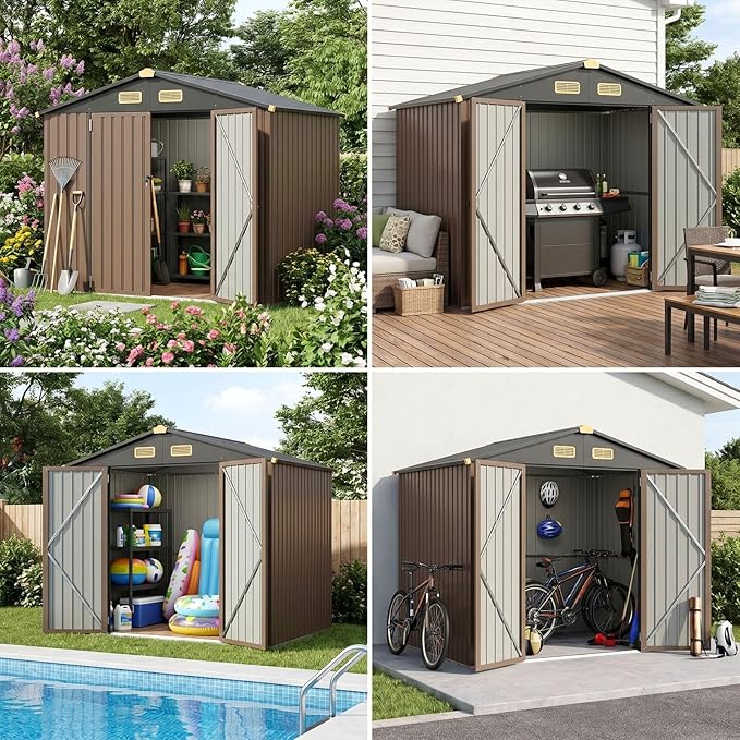 IRONCK 6×8 FT Shed, Galvanized Steel Tool Storage Shed with Lockable Double Doors & Ventilation, Outdoor Utility Storage for Wheelbarrow, Bikes, Yard Bins, Black Brown