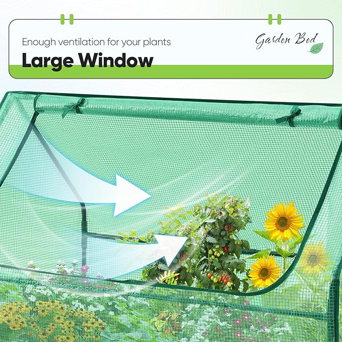 Quictent Raised Garden Bed with Cover Outdoor Galvanized Steel Planter Box Kit with Greenhouse Large Zipper Window Dual Use, 20pcs T-Type Tags & 1 Pair of Gloves Included 4x2.5x1 FT, Green