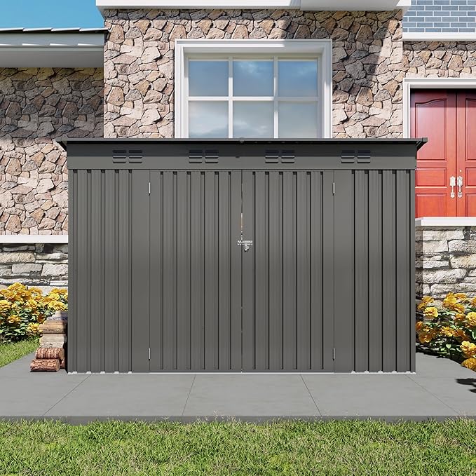 YOPTO 4x9 FT Outdoor Storage Shed W/Window,Metal Shed W/Lockable Door,Garden Tool Storage House W/ 6 Air Vents & Sloped Roof,for Backyard,Patio,Lawn,Gray