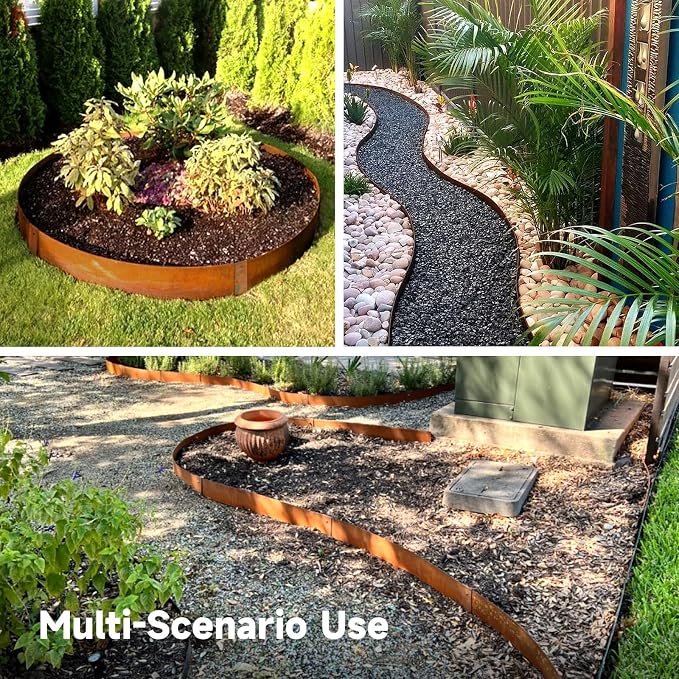 Corten Steel Landscape-40 LX 10" H Metal Garden Edging 20FT Total Rusted Lawn Edging 6 Pcs-No-Dig Hammer Heavy Duty Steel Edging-Bendable Border Strips for Lawn Yard Courtyard Pathway-6 Clips