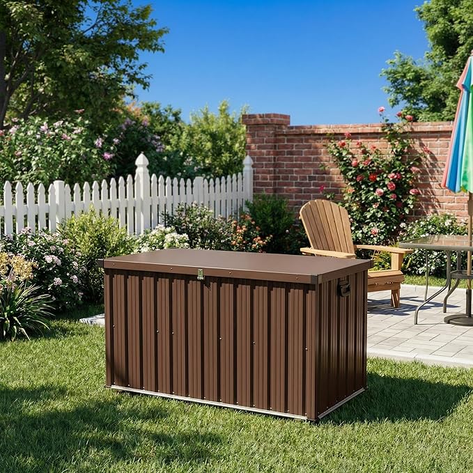 Large Waterproof Metal Deck Box 160 Gallon with Soft-Close Lid & Wheels | Heavy-Duty Steel Outdoor Storage for Patio Cushions, Pool Toys & Garden Tools | Organize Your Backyard, Porch or Poolside