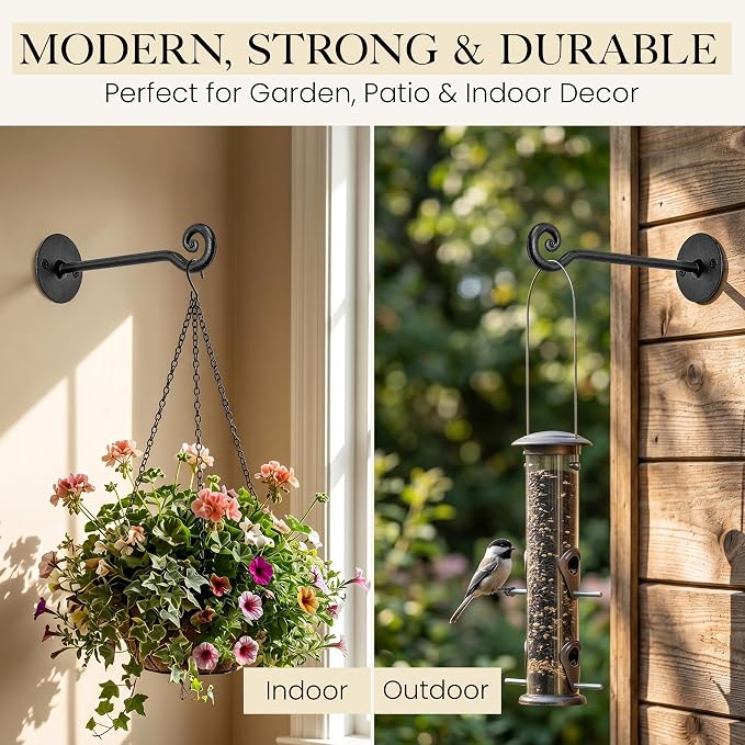 RTZEN Plant Hangers Outdoor or Indoor - Wrought Iron Metal Hanger Indoor Hook - Heavy Duty Wall Bracket Hooks for Hanging Plants Baskets Lanterns Bird Feeders - 2 Pack (Black Swirl Hooks 7.5")