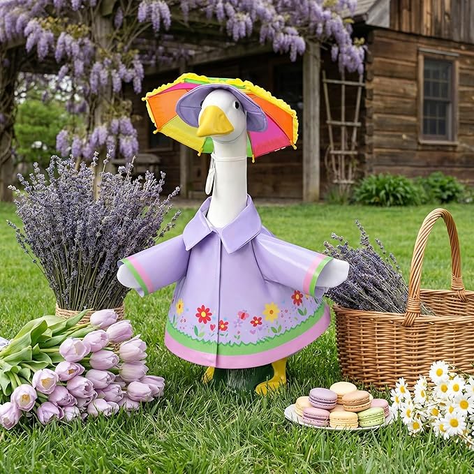 DECOHS 3 Pcs/Set Raincoat Porch Goose Outfits, Summer Lawn Goose Statue Raincoat Costume, Yard Goose Clothes Raincoats Umbrella Hat Outfit for 23" Statue Patio Garden Decoration (Purple)