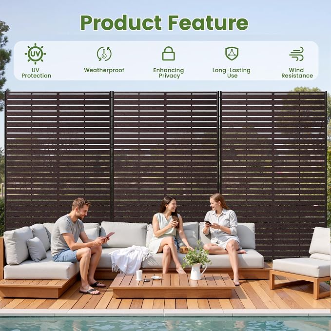 Outdoor Privacy Screen 72" H HDPE Decorative Freestanding Privacy Panel, Sandblasting Louvered Privacy Screens with Stand, Weather-Resistant Panel for Patio, Balcony, Backyard(6 Panels)