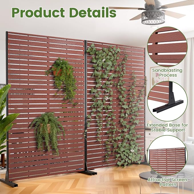 Outdoor Privacy Screen 72" H HDPE Decorative Freestanding Privacy Panel, Sandblasting Louvered Privacy Screens with Stand, Weather-Resistant Panel for Patio, Balcony, Backyard(6 Panels)
