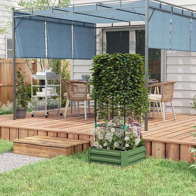 Outsunny Galvanized Raised Garden Bed, 55" Tall Outdoor Planter Box with Trellis Tomato Cage and Open Bottom for Climbing Vines, Vegetables, Flowers in Backyard, Garden, Patio, Green