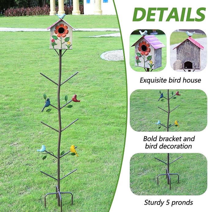 58" H Multifunctional Metal Bird House Glass Bottle Tree Stake for Outdoor Colorful Garden Decorative Bottle Holder & Outdoor